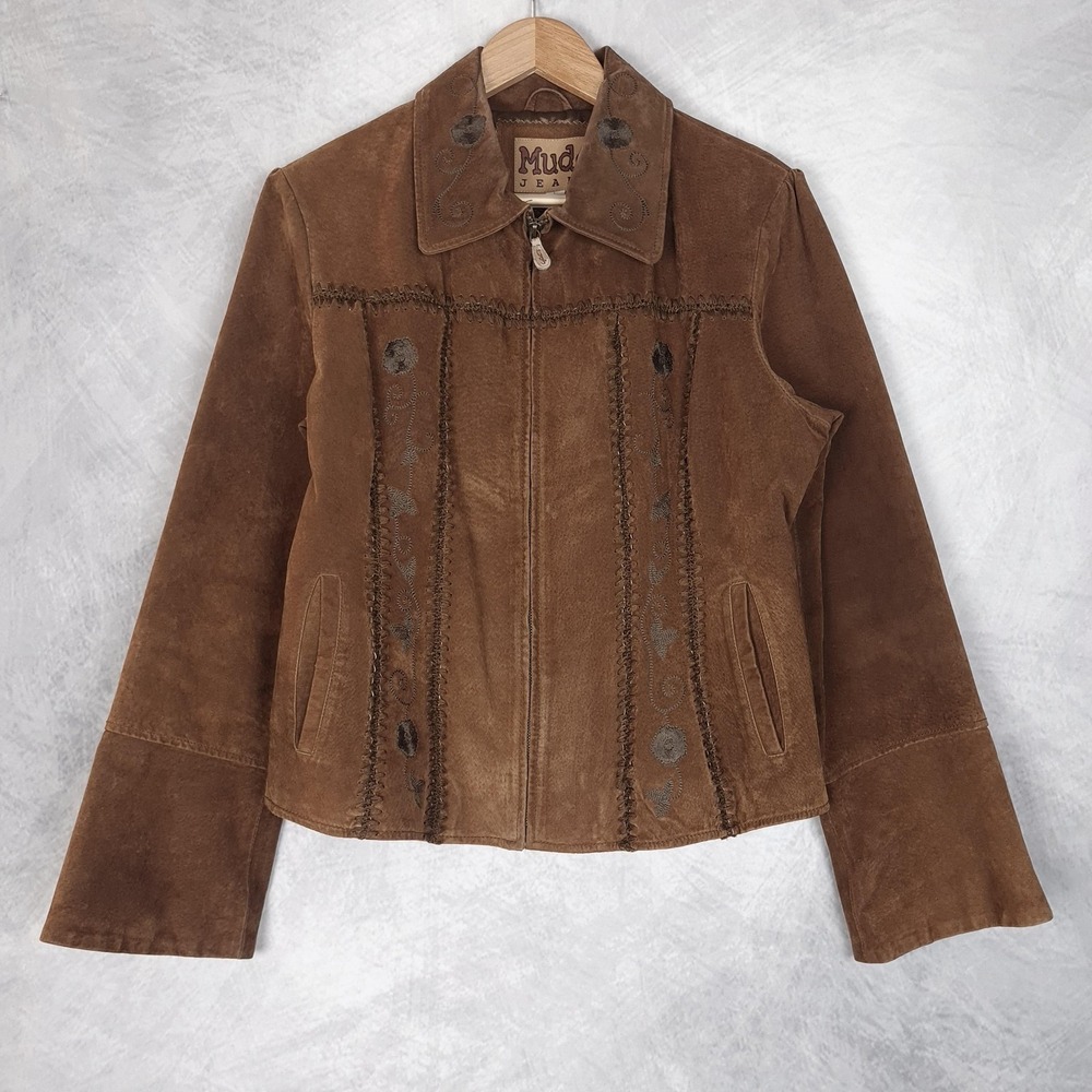 Vintage Y2K Mudd Suede Jacket Womens Large Brown Floral Embroidered Festival
